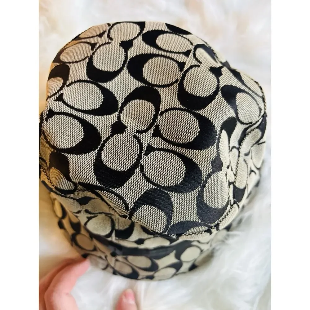 Y2K VTG Coach Signature Jacquard Bucket Hat Designer Logo Grey Black - Picture 2 of 5